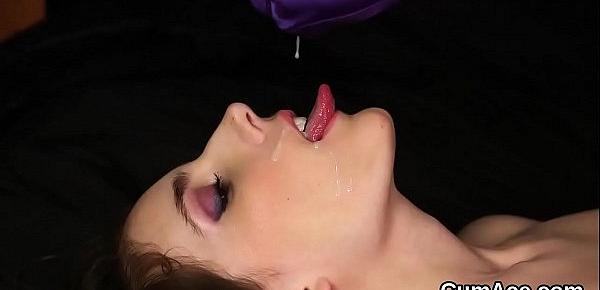  Sexy bombshell gets sperm shot on her face eating all the jizz